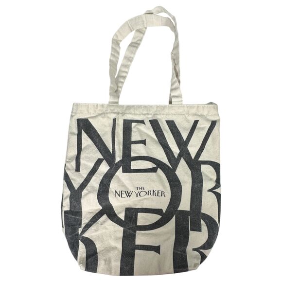 The New Yorker Canvas Cream Black Reusable Tote Bag Grocery Farmers Market - Picture 2 of 4